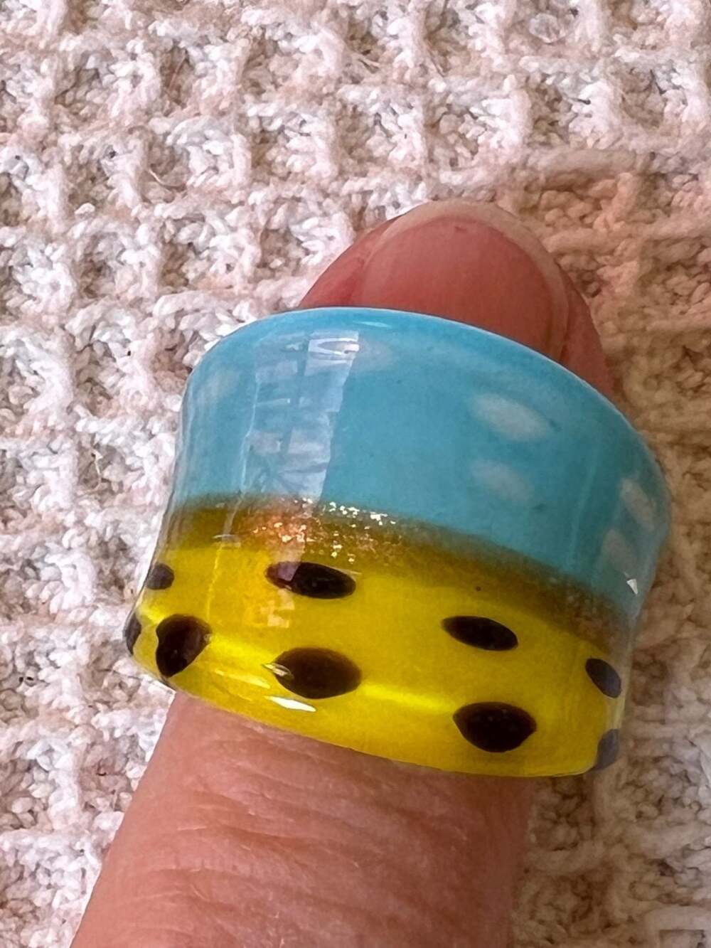 Murano Glass Bubble Ring Blue and Yellow with Black Dots